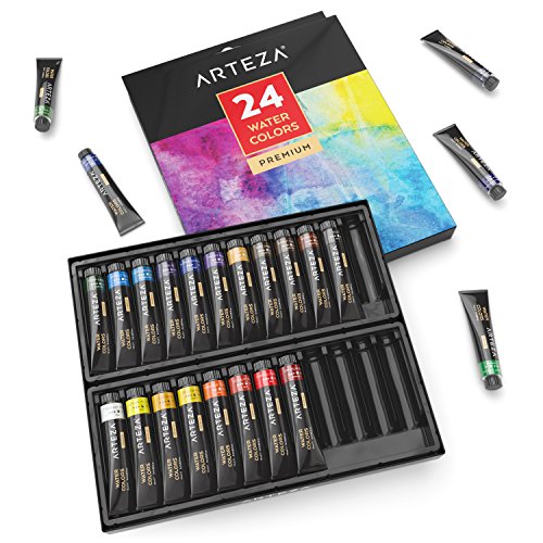 Product Cover ARTEZA Watercolor Paint, Set of 24 Colors/Tubes, 24x12ml/0.4 oz with Storage Box, Non Toxic Paints for The Professional Artist and Hobby Painters