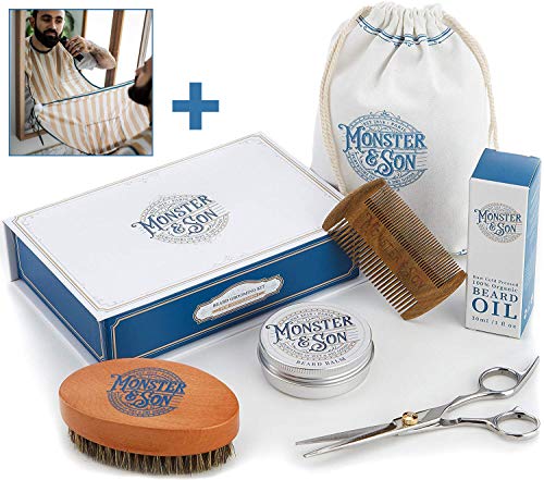 Product Cover Monster&Son Premium 7-Item Beard Kit | Beard Oil, Beard Balm, Beard Brush, Beard Comb, Scissors, Canvas Travel Bag | Male Grooming Kit in Gift Box | Great Mens Birthday Gift | Father's Day