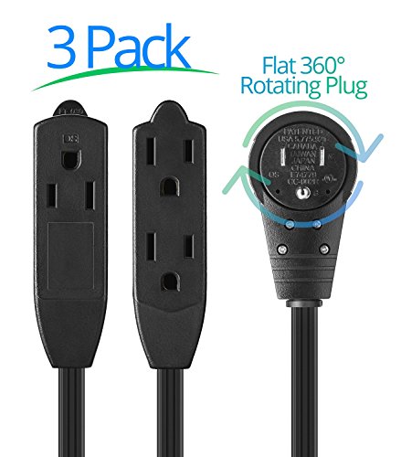 Product Cover Maximm Cable 1 Ft 360° Rotating Flat Plug Extension Cord/Wire, 12 Inch Multi Outlet Extension Wire, 3 Prong Grounded Wire - Black - 3 Pack, UL Listed