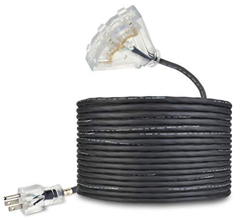 Product Cover 50 FT 16/3 Outdoor Extension Cord - Rubber, Flexible, Triple Outlet, Black Wire with Live Power Light Indicator. 13 Amp