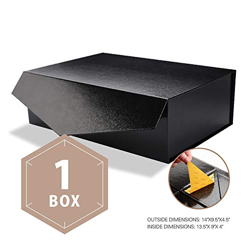Product Cover PACKHOME Large Gift Box Rectangular 14x9.5x4.5 Inches, Bridesmaid Proposal Box, Sturdy Storage Box, Collapsible Gift Box with Magnetic Closure (Glossy Black with Embossing, 1 Box)
