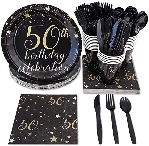 Product Cover 50th Birthday Party Supplies - Serves 24 - Includes Plastic Knives, Spoons, Forks, Paper Plates, Napkins, and Cups Perfect for Birthdays