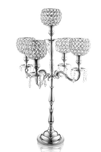 Product Cover Klikel 5 Arm Candelabra - Wedding Table Centerpiece - Silver Candelabra - Candle Holder is Nickel Plated Aluminum With Acrylic Crystal Dangles And Globes - 24 Inch High