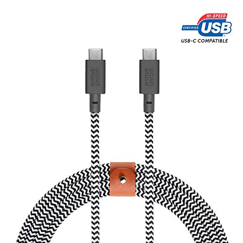 Product Cover Native Union Belt Cable USB-C to USB-C - 8ft Ultra-Strong Cable with Leather Strap for Samsung Galaxy Note 9 / S9, Sony XZ, LG V20 / G7, HTC 10 / U12+, Google Pixel 2/3 and More (Zebra)
