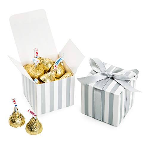 Product Cover AWELL Small Candy Box Bulk 2x2x2 inch with Ribbon, Silver White Strips Box Party Favors Pack of 50