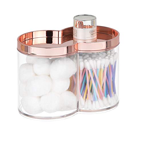 Product Cover mDesign Plastic Bathroom Vanity Countertop Canister Jar with Storage Lid - Stackable - Divided, Double Compartment Organizer for Cotton Balls, Swabs, Bath Salts - Clear/Rose Gold
