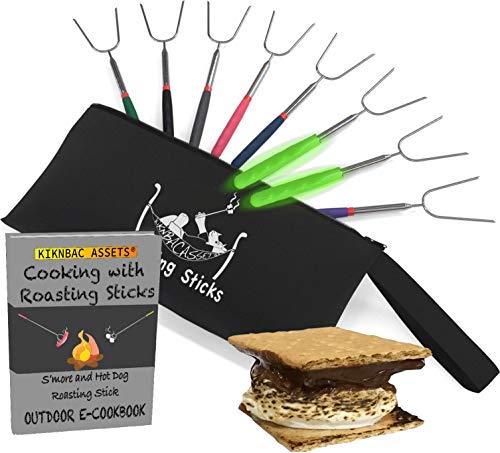 Product Cover Marshmallow Roasting sticks 45 inch Extendable - Set of 8 S'mores skewers | Hot Dogs, Sausage, Vegetables and Kabobs | Telescoping Stainless Steel Cookware | Campfire Forks by KIKNBAC Assets