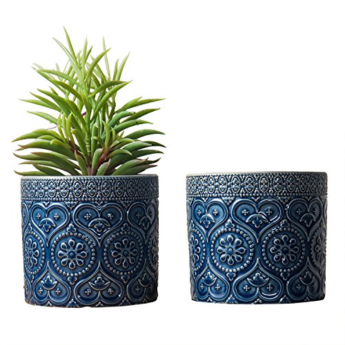Product Cover MyGift 4-Inch Cobalt Blue Ceramic Floral Embossed Succulent Planter Pots, Set of 2