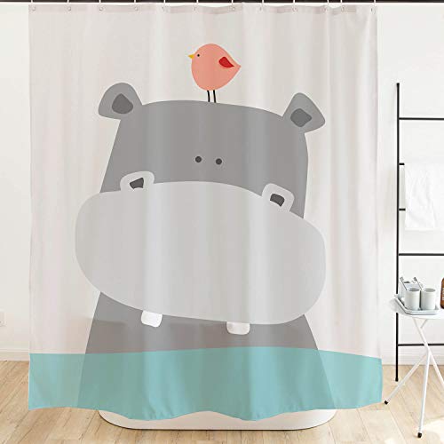 Product Cover Ofat Home Cute Hippo Kids Shower Curtain, 72X72 Inch Shower Curtain,Teal White Grey Animal Baby River Horse Bird Ocean Fabric Shower Curtains for Bathroom Sets with Hooks
