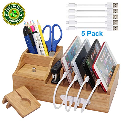 Product Cover Pezin & Hulin Bamboo Charging Station, Multiple Devices Organizer for Phones,Tablet, Office Desktop Wooden Docking Stations (Include 4 x Charger Cable), Storage Box Stand for Pen, Key, Remote