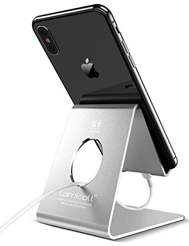 Product Cover Cell Phone Stand, Lamicall Phone Stand : Cradle Dock Holder Compatible with All Android Smartphone iPhone 11 Pro Xs Xs Max Xr X 8 7 6 6s Plus 5 5s 5c Charging, Universal Accessories Desk - Silver