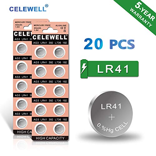 Product Cover 【5-Year Warranty】 CELEWELL LR41 AG3 192 392 Battery LR41 Button Cell Batteries (20 Pack)