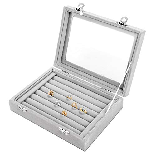 Product Cover Pasutewel Earring Storage Case 7 Slots Ring Velvet Display Case Box Earring Ring Organizer Velvet Jewelry Tray Cufflink Storage Showcase with Clear Glass Lid Grey