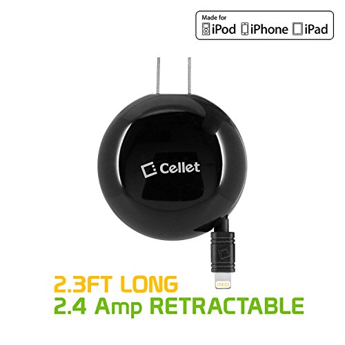 Product Cover Cellet Retractable Home/Wall Fast Charger 2.4 amp (10 Watt) Compatible for iPhone 11 Pro Max XS Max Xr X 8 7 6 iPad Air Pro Mini 4 3 2 iPod Touch & All Lightning Devices - 2.5 ft Cord -MFI Certified