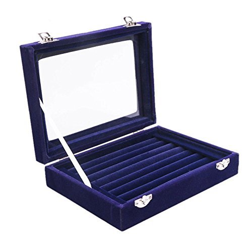 Product Cover Pasutewel Earring Storage Case 7 Slots Ring Velvet Display Case Box Earring Ring Organizer Velvet Jewelry Tray Cufflink Storage Showcase with Clear Glass Lid Blue