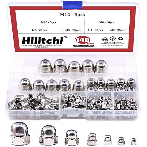Product Cover Hilitchi 140-Pcs M3 M4 M5 M6 M8 M10 M12 Acorn Dome Cap Head Hex Nuts Assortment Kit, 304Stainless Steel