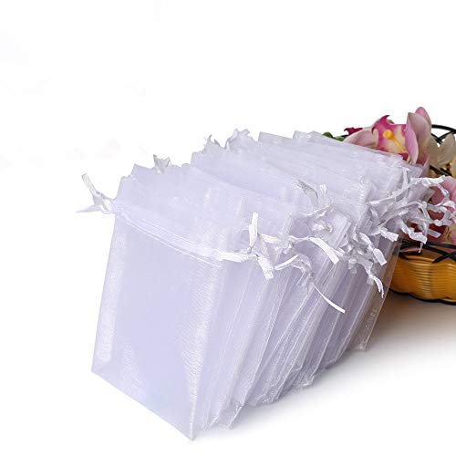 Product Cover Hopttreely 100PCS Premium Sheer Organza Bags, White Wedding Favor Bags with Drawstring, 4x4.72 Jewelry Gift Bags for Party, Jewelry, Festival, Bathroom Soaps, Makeup Organza Favor Bags