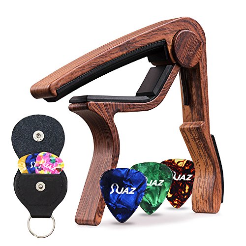 Product Cover Guitar Picks Guitar Capo Acoustic Guitar Accessories Capo Key Clamp Black With 6 Pcs Guitar Picks and Leather Guitar Picks Holder (Rosewood Color)