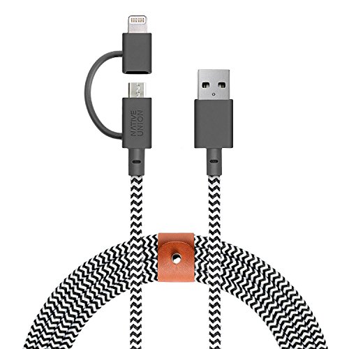 Product Cover Native Union Belt Twin Head - 6.5ft Ultra-Strong Reinforced [Apple MFi Certified] Charging Cable with Integrated 2-in-1 Adaptor for Lightning and Micro-USB Devices (Zebra)