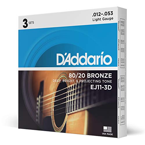 Product Cover D'Addario EJ11-3D 80/20 Bronze Acoustic Guitar Strings, 12-53, 3 Sets, Light
