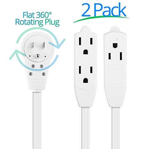 Product Cover Maximm Cable 6 Ft 360° Rotating Flat Plug Extension Cord/Wire, 16 AWG Multi 3 Outlet Extension Wire, 3 Prong Grounded Wire - White - UL Listed, 2 Pack