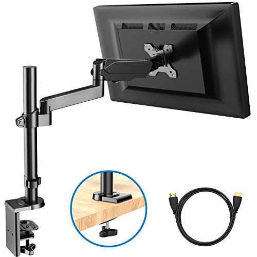 Product Cover Monitor Mount Stand - Adjustable Single Arm Desk Vesa Mount with Clamp, Grommet Base, HDMI Cable for LCD LED Screens Up to 32 Inch, Gas Spring Articulating Full Motion Arm Holds 3.3 to 17.6Lbs