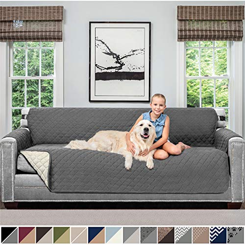 Product Cover Sofa Shield Original Patent Pending Reversible X-Large Oversized Sofa Protector for Seat Width to 78 Inch, Furniture Slipcover, 2 Inch Strap, Couch Slip Cover Throw for Pet Dogs, Sofa, Charcoal Linen