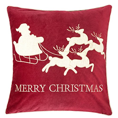 Product Cover Homey Cozy Embroidery Red Velvet Throw Pillow Cover, Merry Christmas Series Santa Claus Sledge Luxury Soft Fuzzy Cozy Warm Slik Gift Square Couch Cushion Pillow Case 20 x 20 Inch, Cover Only