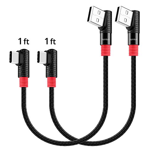 Product Cover Right Angle USB C Cable,SUNGUY (1ft/0.3m, 2Pack) Short Nylon Braided 90 Degree USB-C Fast Charging Data Sync Cable for Samsung Galaxy S10 S9 A80,Google Pixel 2 XL,OnePlus 7/7 Pro