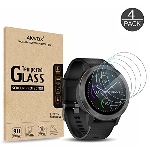 Product Cover AKWOX (4-Pack) Garmin Vivoactive 3 Screen Protector, [0.3mm 2.5D High Definition 9H] Tempered Glass Screen Protector for Garmin Vivoactive 3 / Fenix Chronos