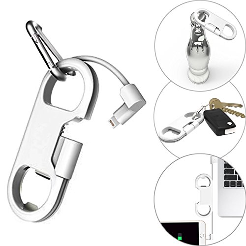 Product Cover iPhone Charge Lightning Cable + Keychain + Bottle Opener + Aluminum Carabiner,Portable Multifunction Keychain Bottle Opener USB Charging Cord Short Cable for iPhone X/8/7/6S,Gift for Men Women (White)
