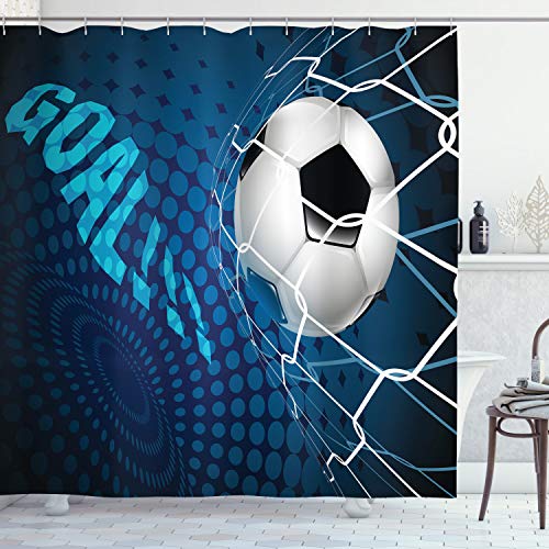 Product Cover Ambesonne Soccer Shower Curtain, Goal Football Flying into Net Abstract Dots Pattern Background European Sport, Cloth Fabric Bathroom Decor Set with Hooks, 70