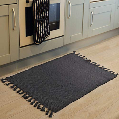 Product Cover Chindi Rag Rug, Seavish Hand Woven Recycled Cotton Area Rug Braid Entryway Floor Mat for Laundry Room Kitchen Bathroom Bedroom Dorm Solid Grey, 2'W x 3'L