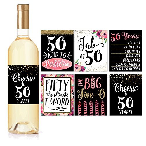 Product Cover 6 50th Birthday Wine Bottle Labels or Stickers Present, 1969 Bday Milestone Gifts For Her Women, Cheers to 50 Years, Funny Fifty Pink Black Gold Party Decorations Supplies For Friend, Wife, Girl, Mom