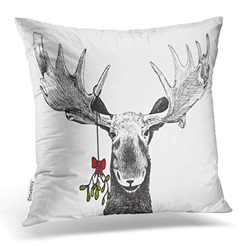 Product Cover Emvency Decorative Throw Pillow Cover Square Size 20x20 Inches Fun Christmas Funny Sketch of Big Smiling Moose Winter Pillowcase with Hidden Zipper Decor Cushion Gift for Holiday Sofa Bed