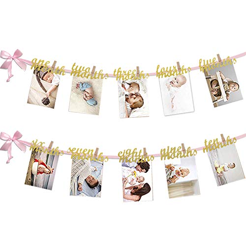 Product Cover VGOODALL 12 Month Photo Banner, First Birthday Decoration, Milestone Photo Banner for First Birthday Party, Great (Pink and Gold)