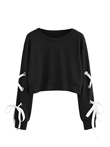 Product Cover SweatyRocks Women's Casual Lace Up Long Sleeve Pullover Crop Top Sweatshirt