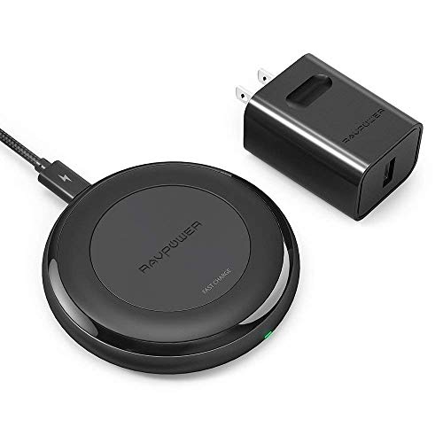 Product Cover RAVPower Fast Wireless Charger Compatible iPhone Xs MAX XR XS X 8 & 8 Plus, Wireless Charging Pad for Galaxy S9 S8+ S8 S7 Edge S7 and All Qi-Enabled Devices (QC 3.0 Adapter Included)