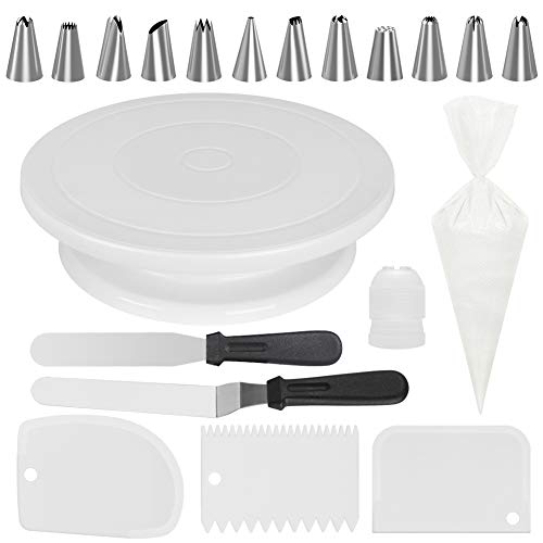 Product Cover Kootek All-In-One Cake Decorating Kit Supplies with Revolving Cake Turntable, 12 Cake Decorating Tips, 2 Icing Spatula, 3 Icing Smoother, 50 Disposable Pastry Bags and 1 Coupler Baking Set, White