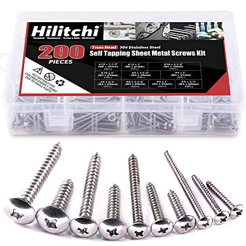 Product Cover Hilitchi 200-Pcs 304 Stainless Steel Phillips Truss Head Self Tapping Sheet Metal Screws Assortment Kit Set, Thread Size #6#8#10#12, Length 3/4'' to 1-1/2''