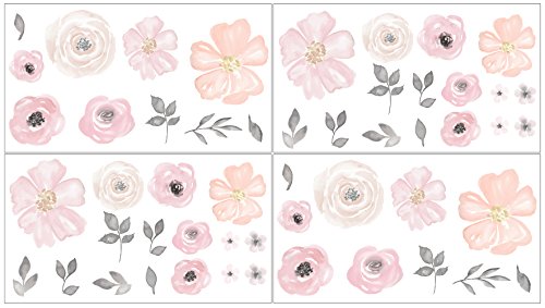 Product Cover Sweet JoJo Designs Blush Pink, Grey and White Peel and Stick Wall Decal Stickers Art Nursery Decor for Watercolor Floral Collection - Set of 4 Sheets