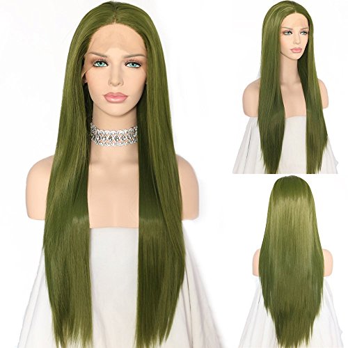 Product Cover Udreamy Fashion Natural Straight Green Lace Front Wigs Hand Tied Heat Resistant Synthetic Hair Wigs for Women Party Wear 24 Inch