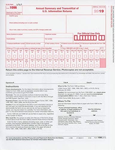 Product Cover 1096 Transmittal 2019 Tax Forms, 25 Pack of 1096 Summary Laser Tax Forms 1096 Forms