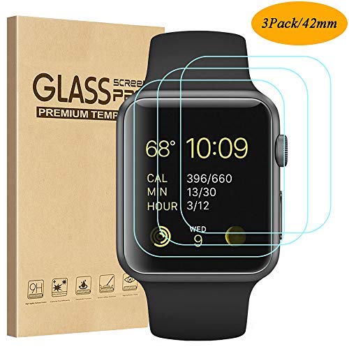 Product Cover [3 Pack] Apple Watch Tempered Glass Screen Protector (42mm Series 3 / 2 / 1 Compatible) 9H Hardness, Anti-Scratch, Anti-Fingerprint, Bubble Free Easy Installation with Lifetime Replacements