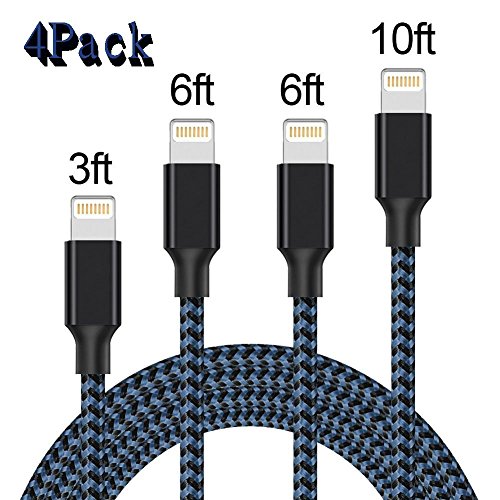 Product Cover FULMUL Lightning Cable, Charger Cables 4Pack 3FT 6FT 6FT 10FT to USB Syncing and Charging Cable Data Nylon Braided Cord Charger for Phone 7/7 Plus/6/6 Plus/6s/6s Plus/5/5s/5c/SE&iPad series(BLUE)