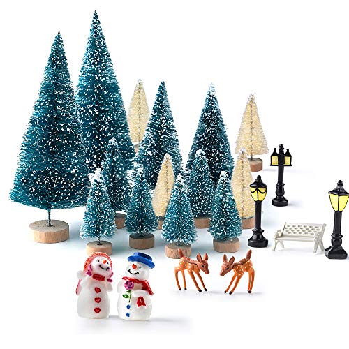 Product Cover KUUQA Mini Assorted Pine Trees Bottle Brush Trees with Snowmen, Reindeer, Mini Garden Wooden Bench, Street Lamps Miniature Ornaments for Christmas Village Decoration Ornaments Winter Decor(Set of 31)