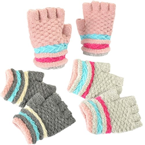 Product Cover AIMI 3 Pairs Kids Fingerless Knit Fall Winter Mittens Gloves Boys Girls Half Finger Gloves