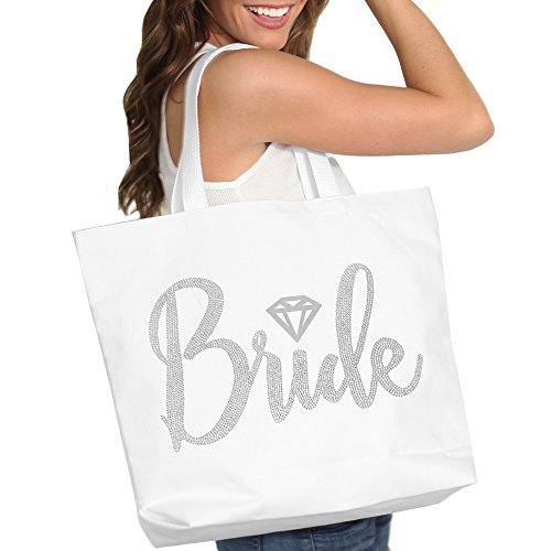 Product Cover Bride with Diamond Motif Rhinestone Tote Bag - Bridal Shower Gift & Accessories Bride Tote - White Tote(Bride RS) WHT