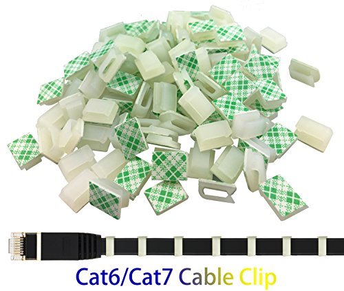 Product Cover Ethernet Cable Clips,Ruaeoda 60 Pack 8mm Self-Adhesive Wire Clips, Cord Clamp Cable Management for Cat6 Cat5 and Cat7 Flat Ethernet Cable(White)