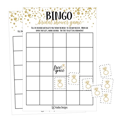Product Cover 25 Gold Vintage Bingo Game Cards For Bridal Wedding Shower and Bachelorette Party, Bulk Blank Squares To Fill In Gift Ideas, Funny Supplies For Bride and Couple PLUS 25 Wedding Ring Bingo Chip Markers